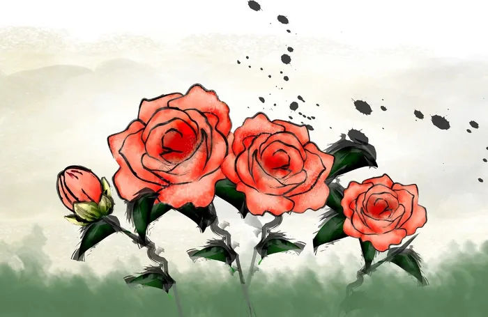 红色浪漫唯美玫瑰花水墨画书法图片背景素材