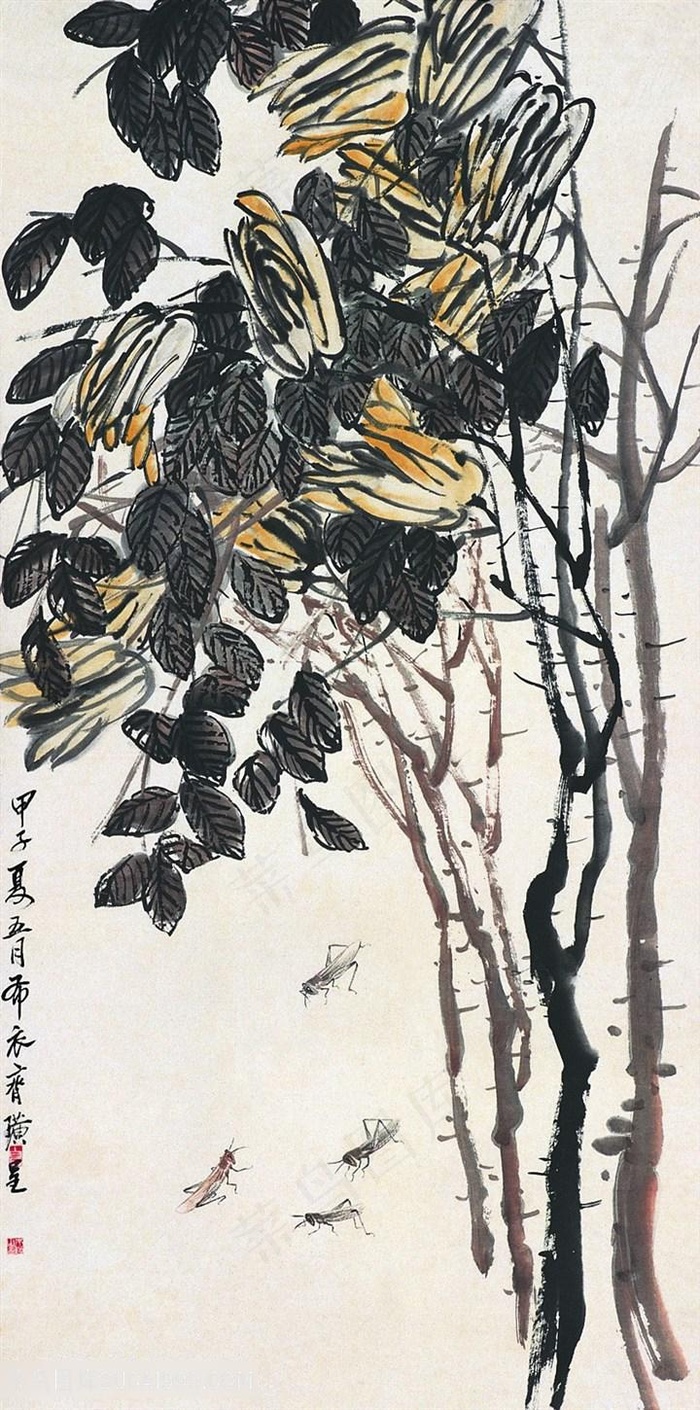 齐白石蚱蜢与树木国画图片