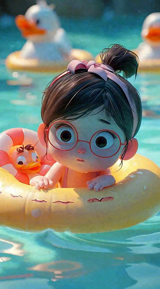 夏日卡通少女泳池游泳玩耍运动，夏天暑期