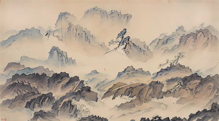大气写意中国传统工笔画山水插画壁纸-壁