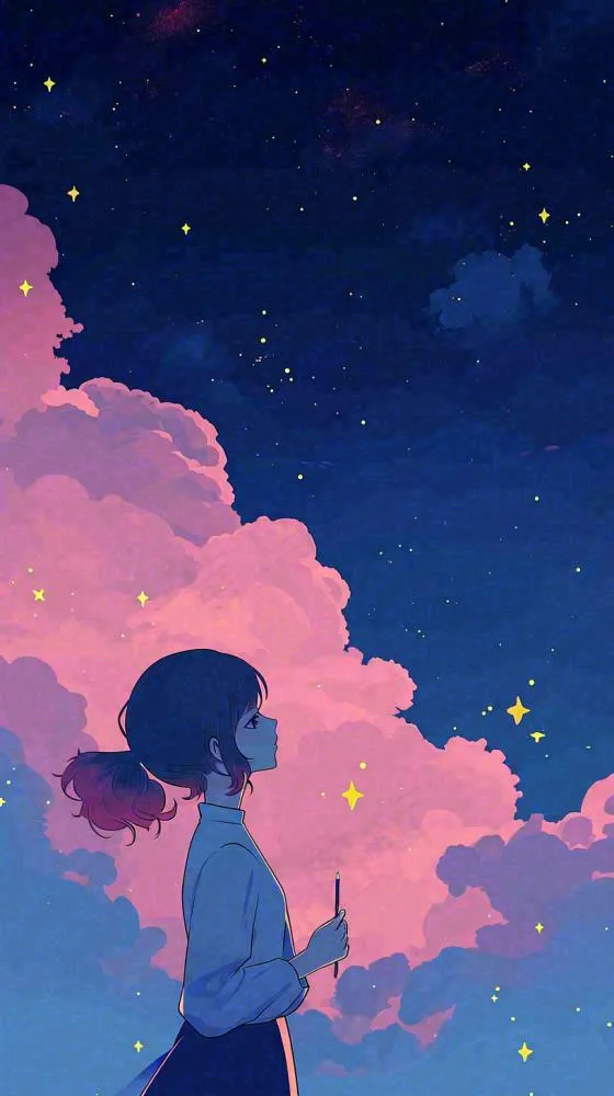闪烁夜晚浪漫少女仰望星空粉紫色，银河月亮