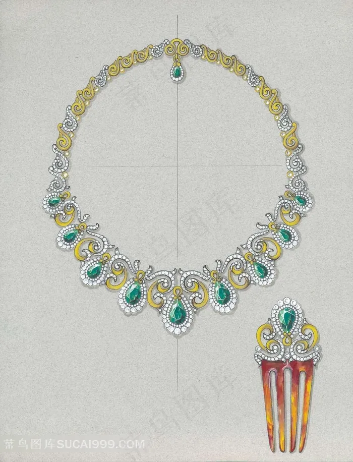 珠宝手绘图绿宝石项链发髻