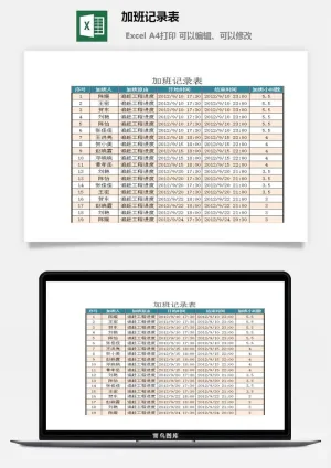 加班记录表excel模板预览图
