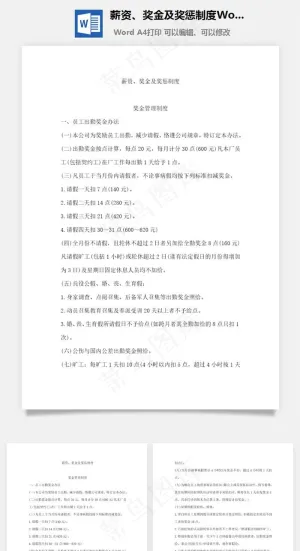 薪资、奖金及奖惩制度Word文档预览图