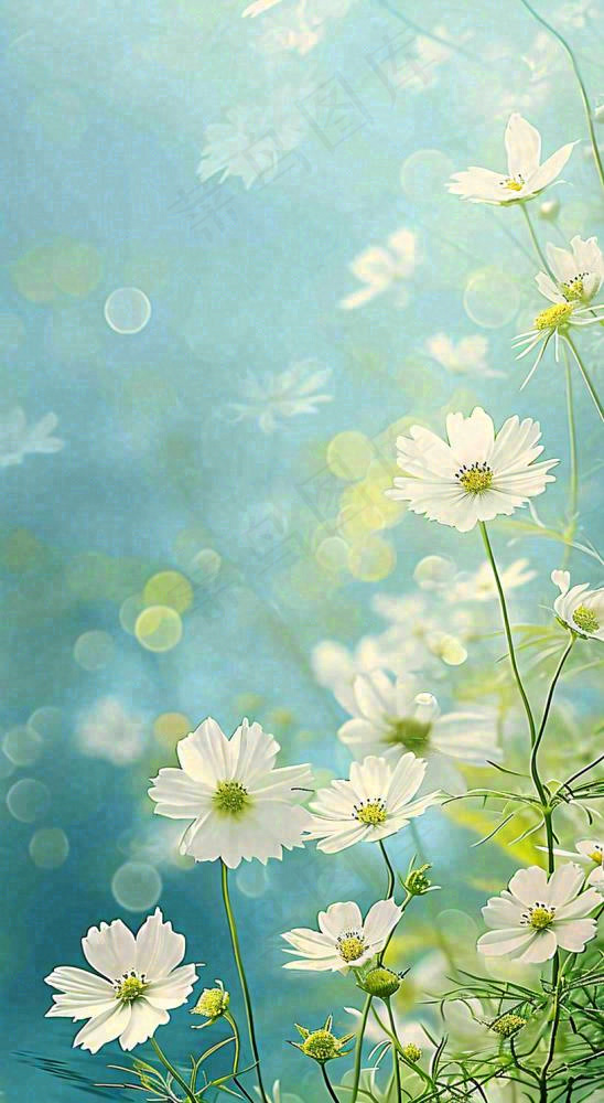 春天清新白色花朵温馨，蓝色朦胧，立春惊蛰春分摄影图