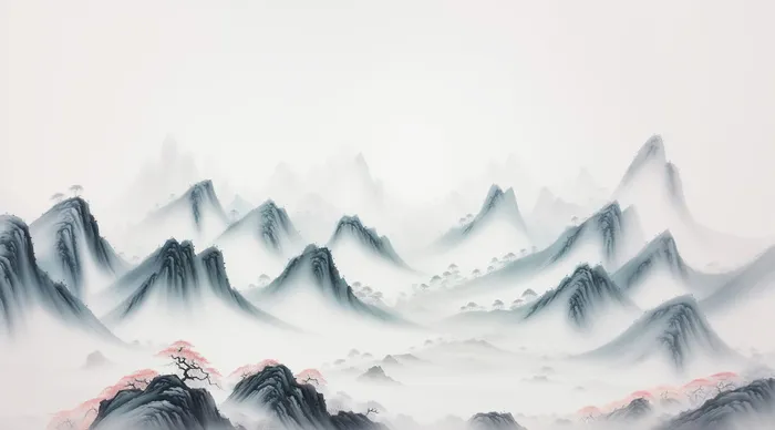 大气写意中国传统水墨画山水插画壁纸山花