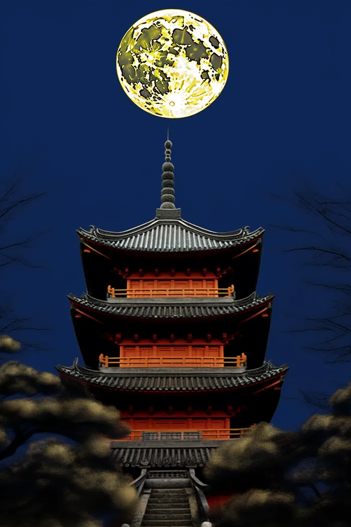 中秋夜晚圆月满月下的古建筑阁楼摄影图