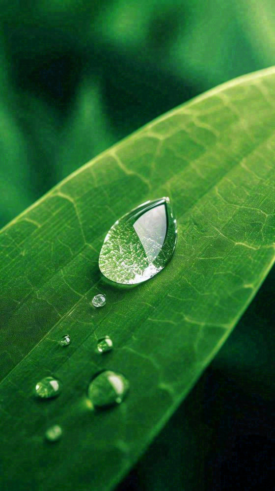 春天树叶草叶上晶莹剔透的水珠，雨水摄影图