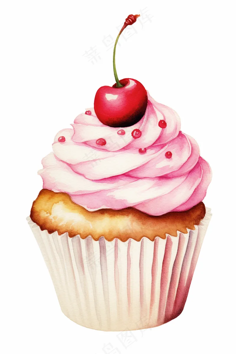 樱桃纸杯蛋糕甜点水彩画插图白色背景