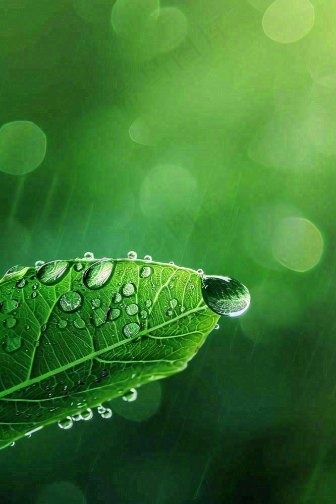 春天绿色叶子是的雨滴露珠雨水谷雨春分摄影图
