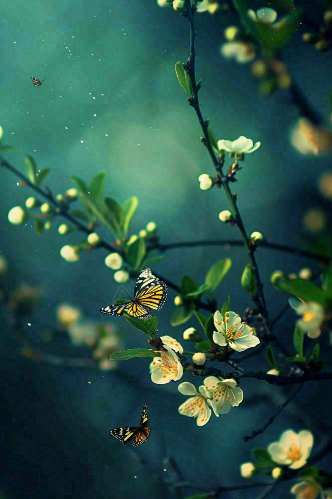 白花树枝上的蝴蝶春天万物生长立春惊蛰春分寒露摄影图