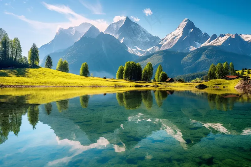 新疆欧洲雪山山脉下湖泊倒影摄影图