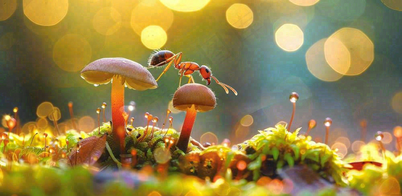 阳光下的蚂蚁蘑菇菌类阳光春天惊蛰春分摄影图