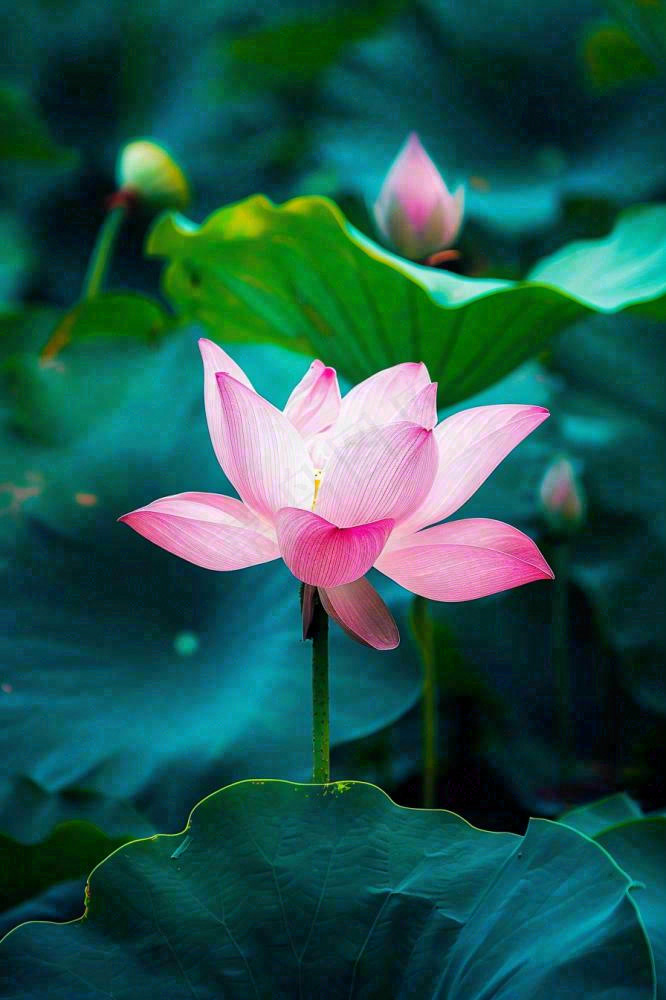 夏日池塘荷花盛开清凉唯美翠绿摄影图