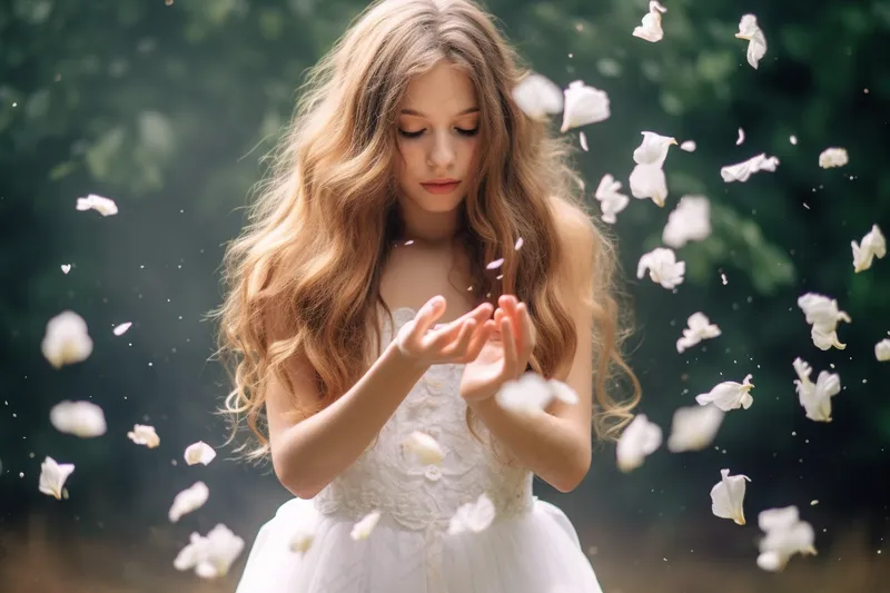 美丽少女精灵穿着白色裙子森林里白色花瓣摄影图