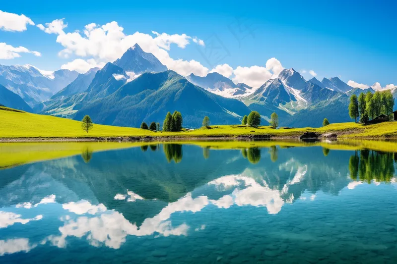 新疆欧洲雪山山脉下湖泊倒影摄影图