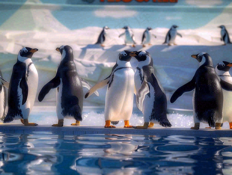 海洋馆动物企鹅成群结对摄影图