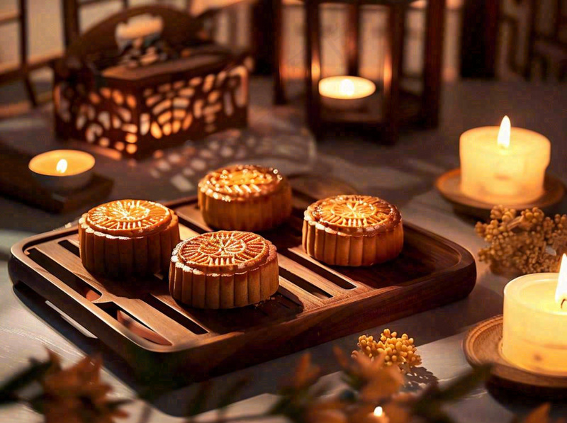 月饼中秋美食蜡烛节日氛围装饰摄影图
