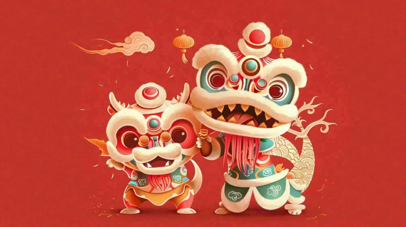 中国式舞狮舞龙卡通插画新年春节节日庆祝红色背景