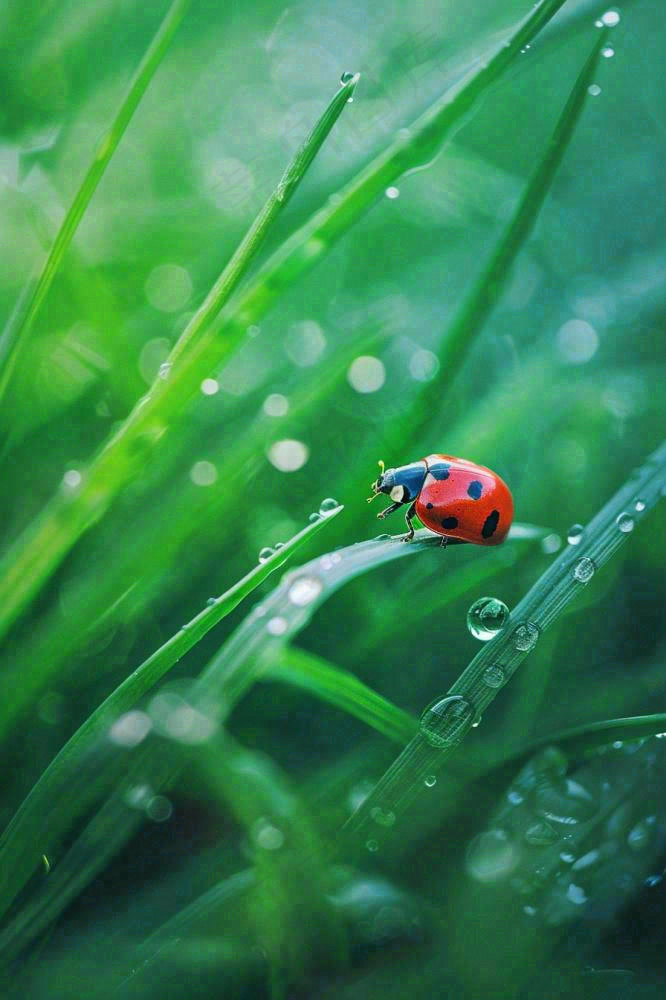 绿叶草丛露珠瓢虫昆虫雨水谷雨惊蛰摄影图