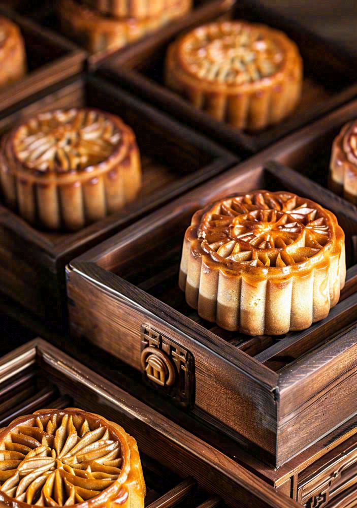 中国传统美食月饼中秋木质礼盒精美礼品摄影图