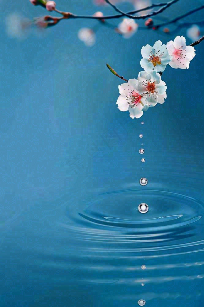 春天梅雨时节雨滴飘落在梅花滴落在水面上泛起涟漪雨水谷雨寒露摄影图