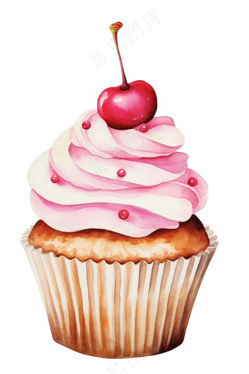 樱桃纸杯蛋糕甜点水彩画插图白色背景