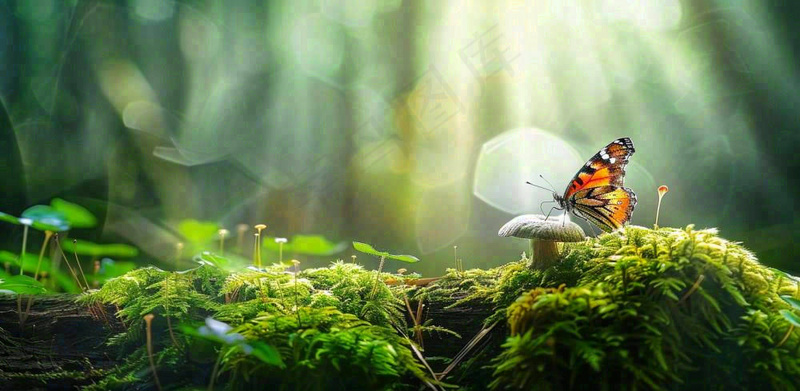 阳光斑驳下的蝴蝶苔藓蘑菇春天森林春分惊蛰摄影图