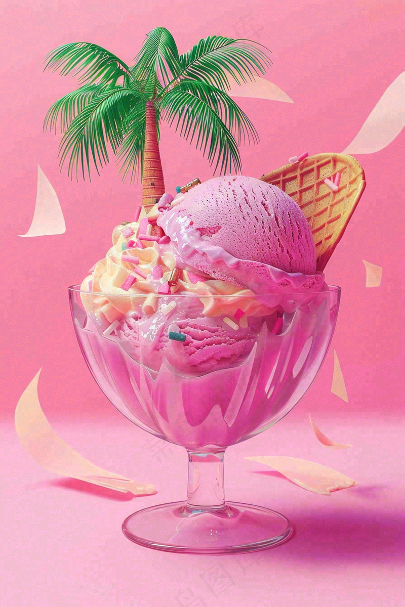 夏日冰淇淋球粉色背景椰子树芭比粉摄影图