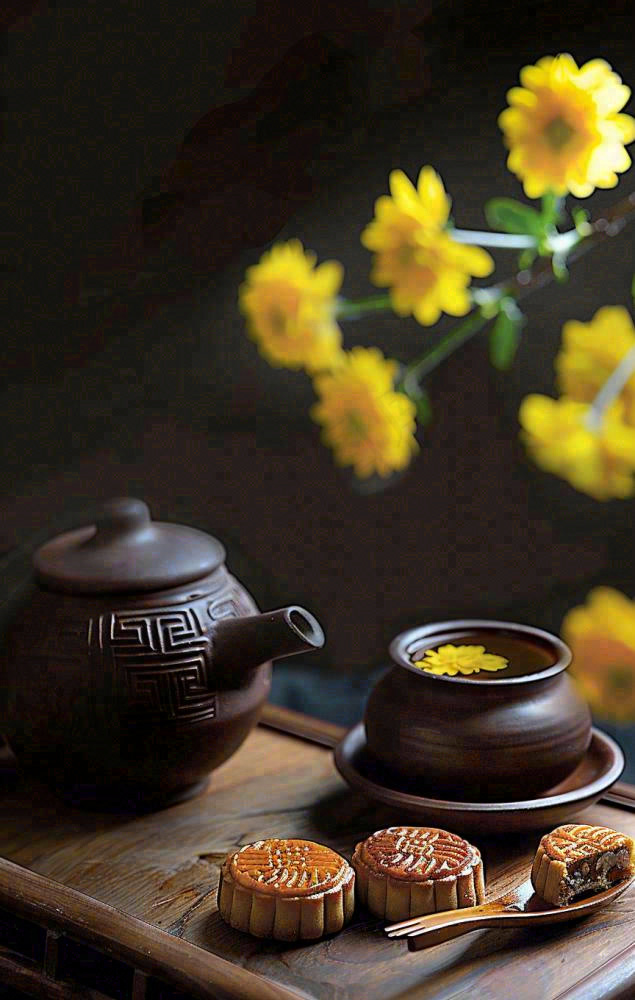 中秋月饼传统糕点美食圆月黄花摆盘精美摄影图