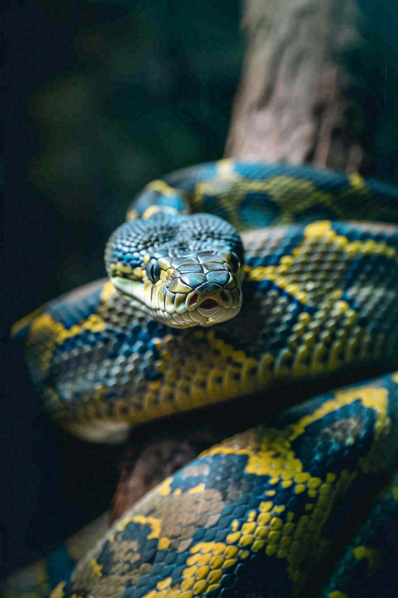 蛇盘踞在树枝上爬行动物摄影图