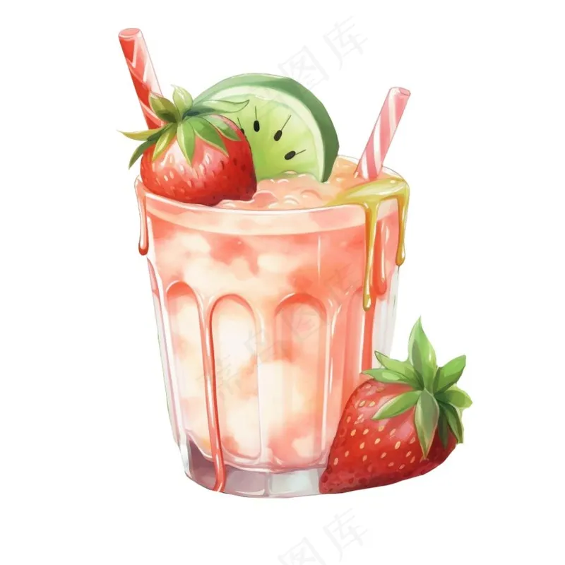 草莓奇异果奶茶冰淇淋奶茶美味夏日卡通插画免抠