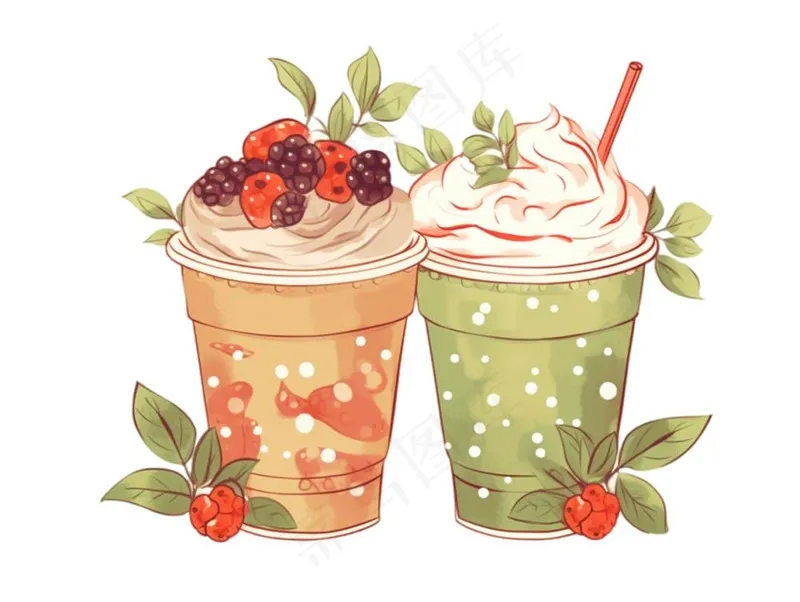 奶茶水果茶下午茶草莓石榴抹茶柠檬冰淇淋卡通插画免抠
