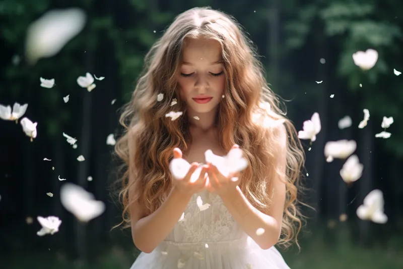 美丽少女精灵穿着白色裙子森林里白色花瓣摄影图