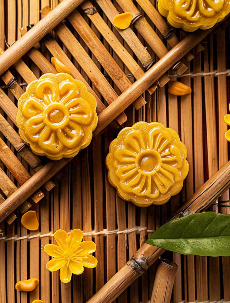 中国传统糕点月饼竹制托盘上的月饼中秋节木制背景摄影图