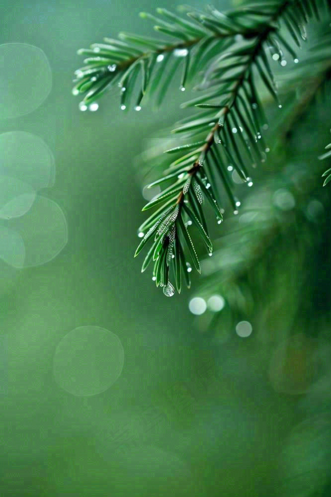 松针树树枝露珠雨滴青色雨水谷雨雨季摄影图