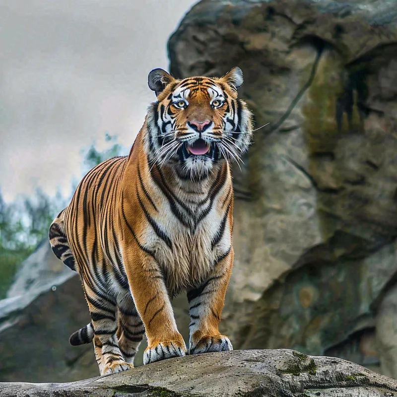 老虎站在假山上的老虎动物园摄影图