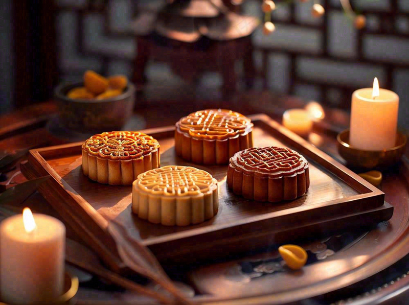 月饼中秋美食蜡烛节日氛围装饰摄影图