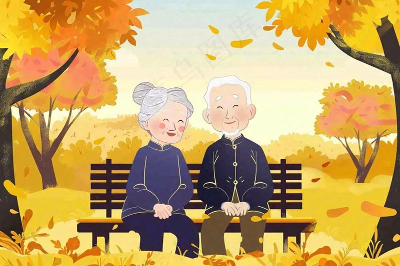 秋天公园长椅坐着的老年夫妻老人互相陪伴黄树落叶重阳佳节卡通插画背景