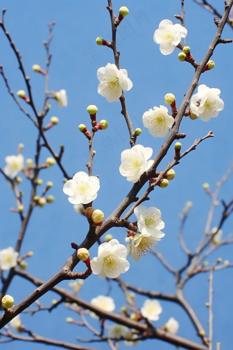白梅花春天树枝抽新芽蓝天摄影图