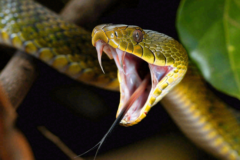 蛇张开嘴巴进攻状态爬行动物摄影图