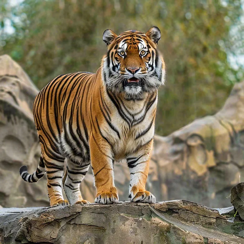 老虎站在假山上的老虎动物园摄影图
