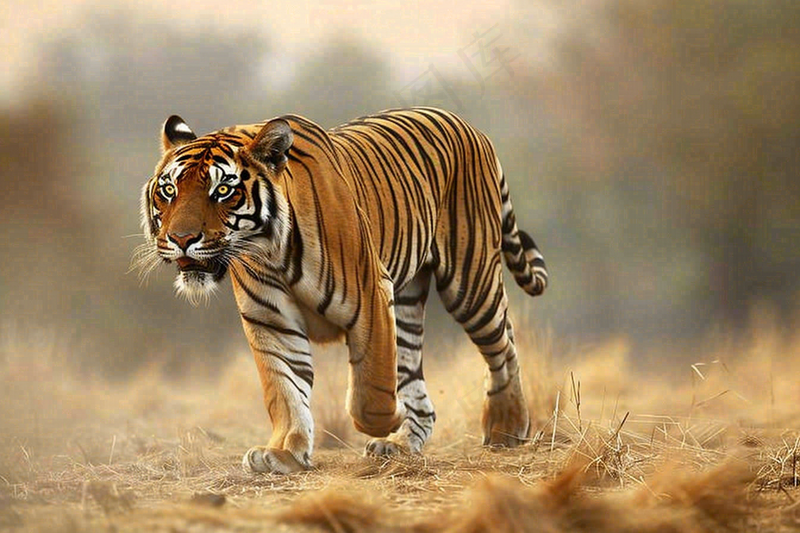 老虎动物秋天草原摄影图