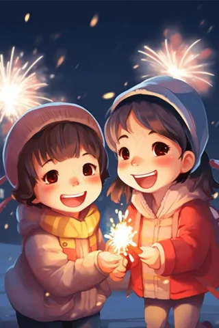 新年除夕放烟花爆竹的孩童庆祝新年喜庆卡通插画背景