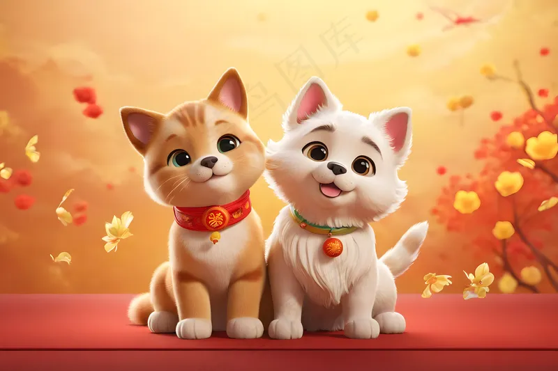 渲染卡通可爱风猫狗一起庆祝春节新图片