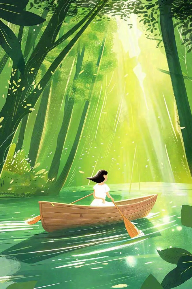 绿色森林少女划船春光波光闪烁春分插画卡通手绘处暑