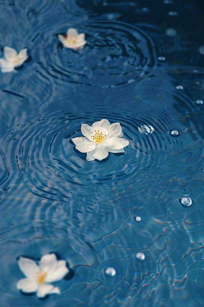 下雨天掉落在蓝色水面的白色花朵清新淡雅雨水处暑寒露摄影图