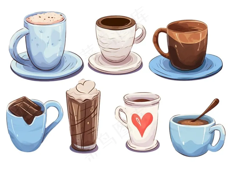 咖啡拿铁甜点下午茶水彩画手绘插画免抠