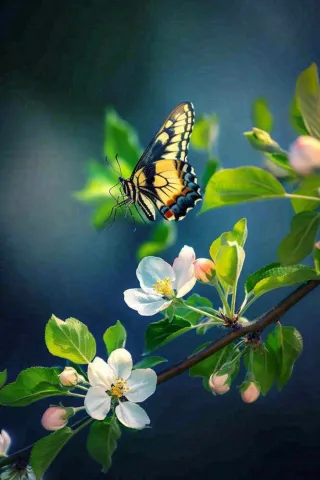 白花树枝上的蝴蝶春天万物生长立春惊蛰春分寒露摄影图