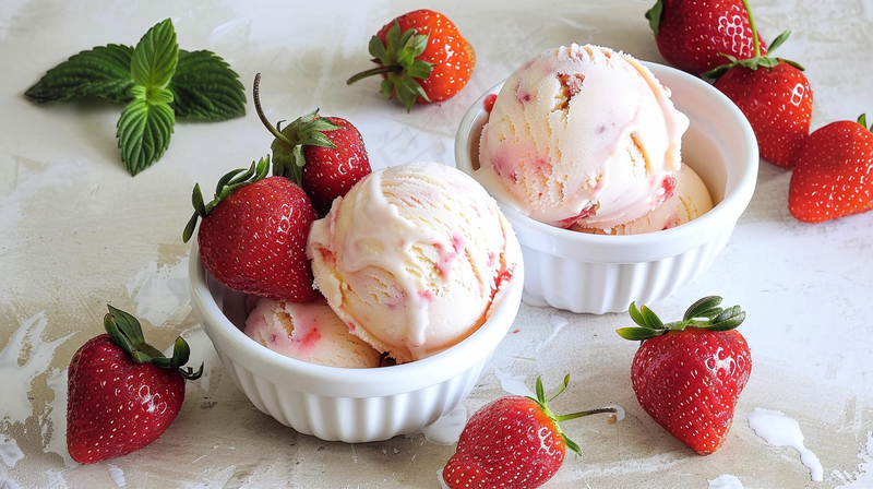 草莓粉色冰淇淋球甜点摄影图